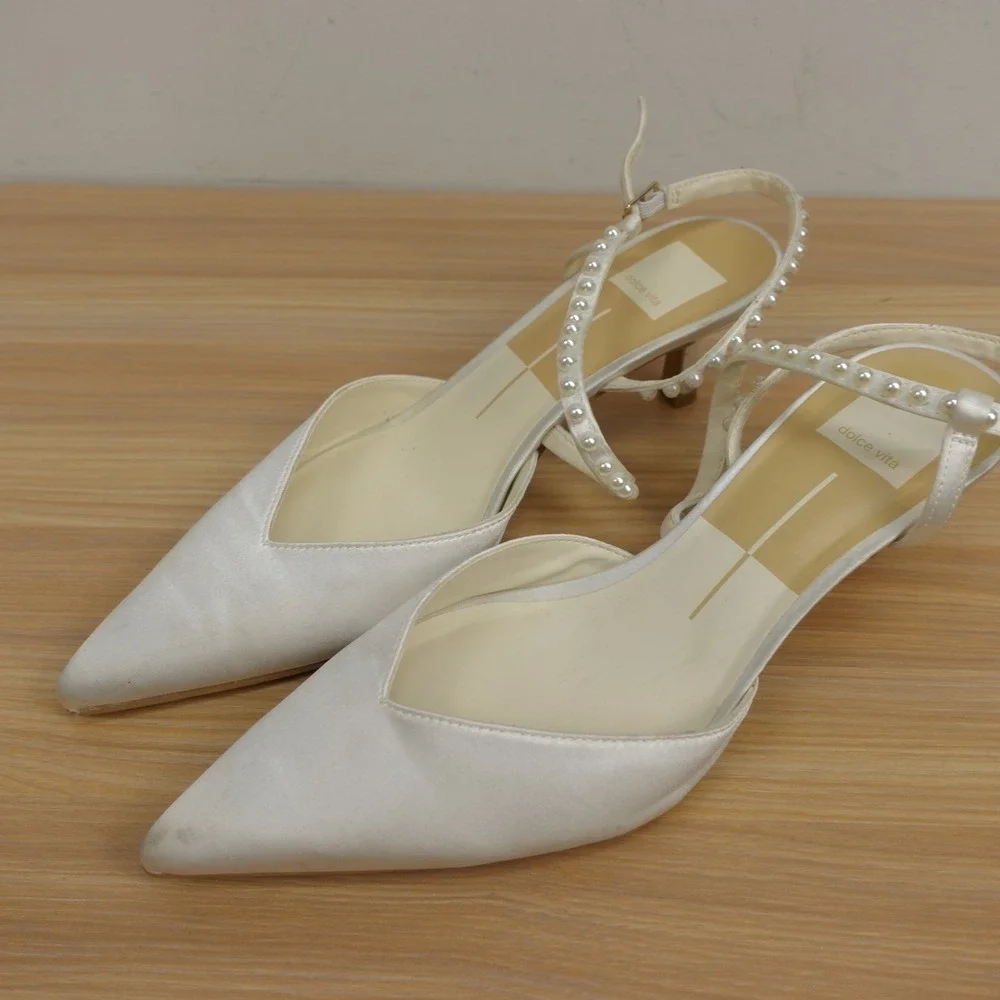 Dolce Vita Womens Slingback Pumps 8.5 White Bridal Pearl Satin Kitten Heel